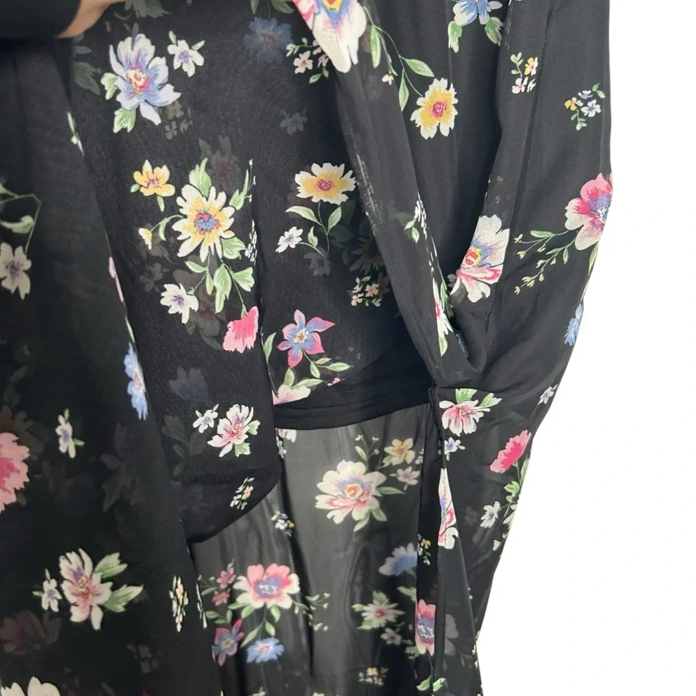 H&M Divided Sheer Floral Printed Maxi Slip Skirt Leg Slit Elastic Waist Large